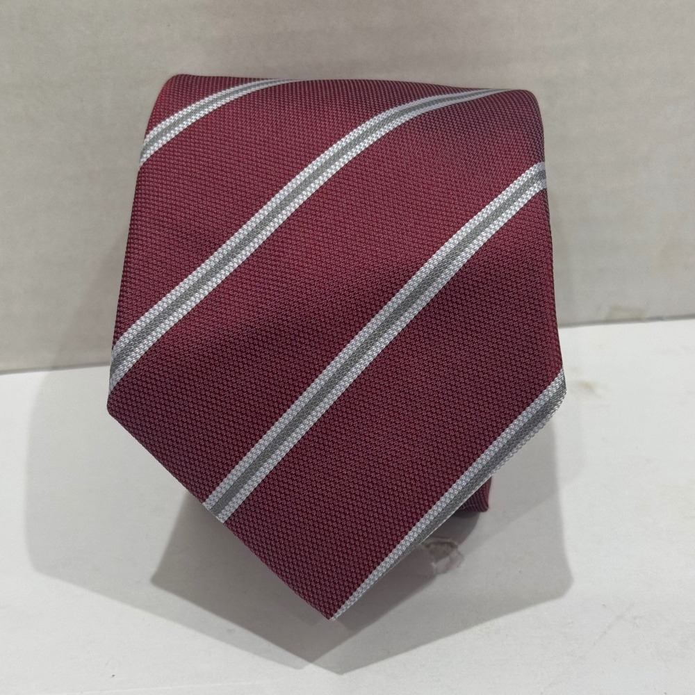 Theory Necktie Mens Office Burgundy Grey Silk Striped Hand Made USA 3 Inch